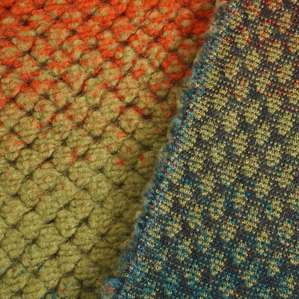 Bouclestrick Walk Jacquard Verlauf gelb orange blau